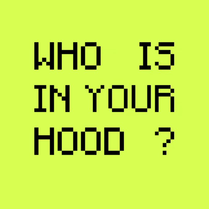 A pixel-art graphic with a lime green background displaying the text "WHO IS IN YOUR HOOOD ?" in bold black block letters. The image ties into the OnChainHoodies community by prompting viewers to reveal their own "hood" members, echoing the post's declaration of belonging to @OnChainHoodies.
