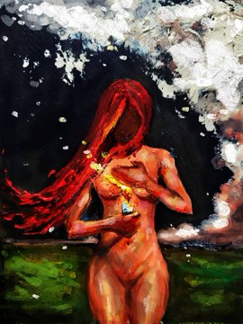 The image features a painting of a naked woman with red hair, holding a lit candle over her head. The painting has an abstract style, which adds depth and complexity to the scene. The background includes clouds and grass, creating a serene atmosphere that contrasts with the fiery figure in the foreground. The artist's signature is visible at the bottom right corner of the image.