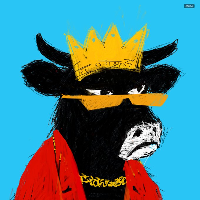 An illustration of a black bull wearing a yellow crown, yellow sunglasses, a gold chain, and a red jacket against a bright blue background, with a small 'BULL' logo in the top right corner.