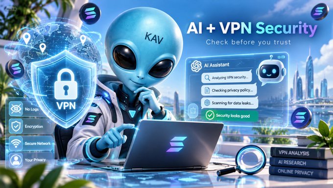 The image features a friendly blue alien character labeled "KAV" sitting at a laptop, surrounded by VPN security icons and a globe network, with text reading "AI + VPN Security - Check before you trust" and a chat panel showing the AI assistant analyzing VPN security, checking privacy policies, and scanning for data leaks. This visual reinforces the post's warning about VPN risks by positioning KAV as a Solana-based AI character actively verifying VPN trustworthiness and privacy protections.