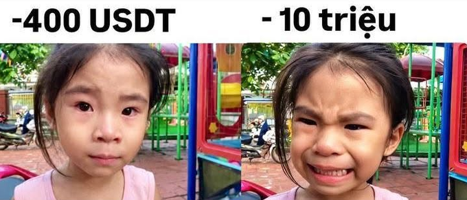 A meme image showing two photos of a young girl with text labels '-400 USDT' (crying expression) and '-10 triệu' (sad/grimacing expression), illustrating financial losses.