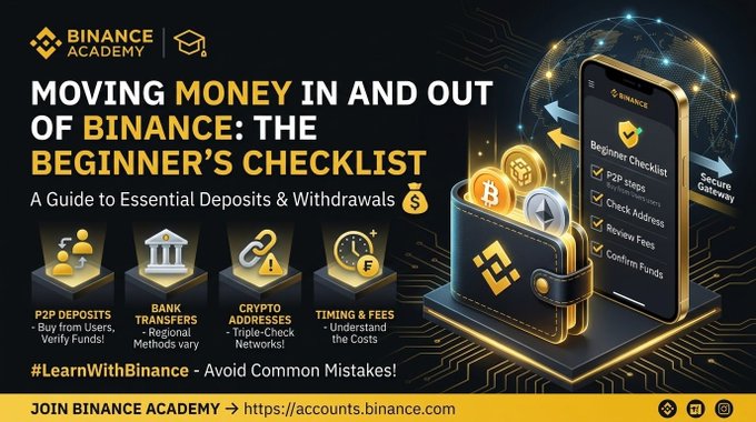 A Binance Academy promotional graphic titled "Moving Money In and Out of Binance: The Beginner's Checklist," featuring a smartphone displaying a Beginner's Checklist (P2P Steps, Check Address, Review Fees, Confirm Funds) alongside a digital wallet with Bitcoin and Ethereum icons. The infographic highlights four key tips—P2P Deposits, Bank Transfers, Crypto Addresses, and Timing & Fees—under the hashtag #LearnWithBinance, reinforcing the post's message about understanding deposit and withdrawal methods before transacting on the exchange.