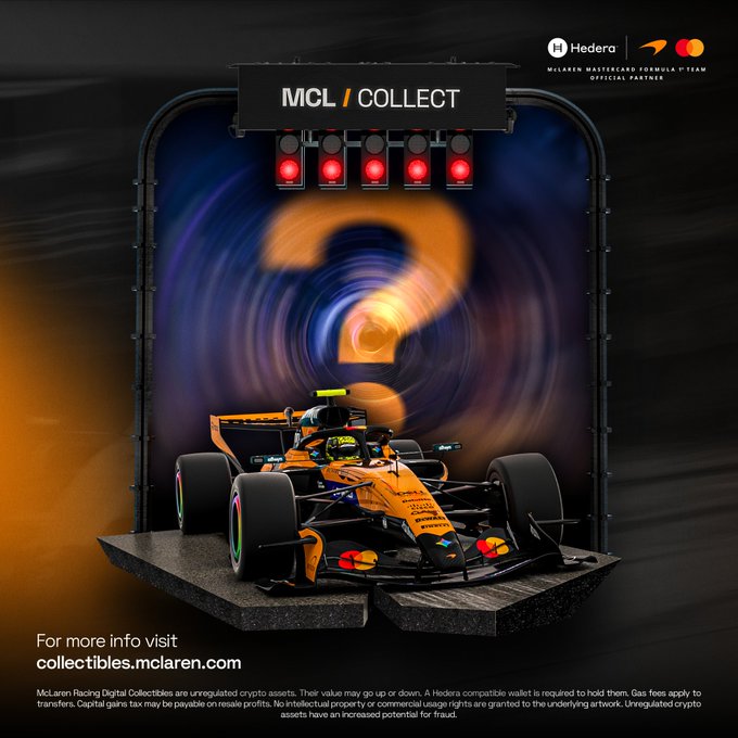 A McLaren Formula 1 digital collectibles promotional poster features an orange race car beneath red starting lights, displaying 'MCL COLLECT', 'Hedera' branding, and the URL 'collectibles.mclaren.com'.