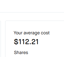 A simple digital interface displays the text 'Your average cost $112.21' above a 'Shares' label.