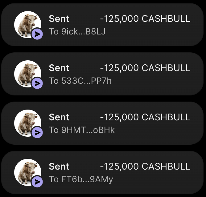 Four sequential transactions showing 125,000 CASHBULL tokens sent to four different Solana wallet addresses (9ick...B8LJ, 533C...PP7h, 9HMT...oBHk, and FT6b...9AMy), demonstrating the airdrop distribution to early participants.