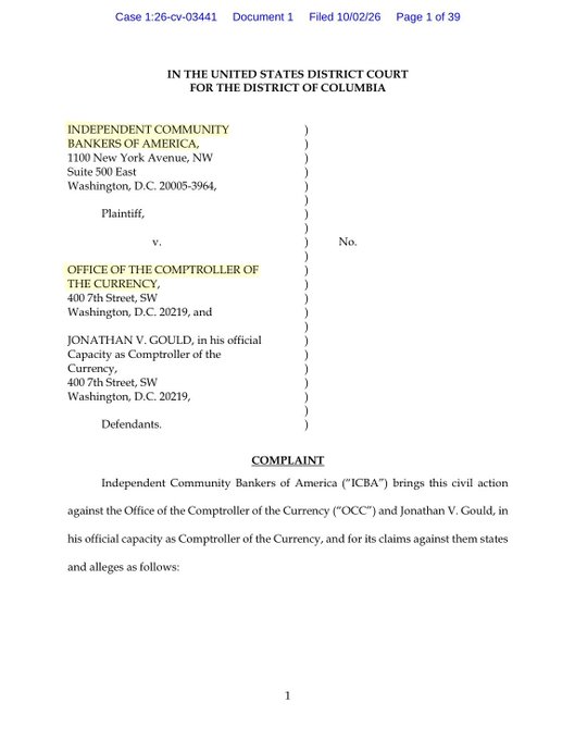 The first page of a legal complaint filed in the United States District Court for the District of Columbia by the Independent Community Bankers of America against the Office of the Comptroller of the Currency.