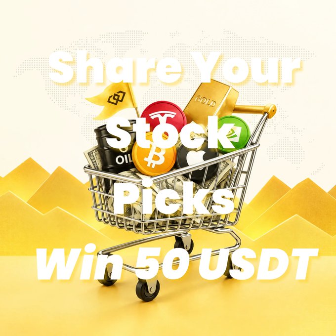 A promotional graphic featuring a shopping cart filled with gold bars, oil barrels, Bitcoin, and various currency-themed coins, with the bold text "Share Your Stock Picks - Win 50 USDT" overlaid on a yellow background with mountain silhouettes. The image directly illustrates the trading contest announced in the post, which invites users to share their top stock pick for a chance to win from a 50 USDT prize pool split among 5 winners.