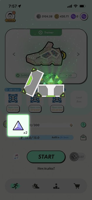 A mobile game screen titled 'Trainer' showing a sneaker NFT card with green gem icons, an 'Open box' button, and a START button at the bottom.