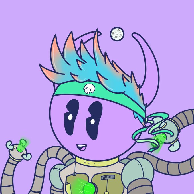 A digital illustration of a purple, round-headed character with spiky blue and orange flame-like hair, wearing a green headband with a skull emblem and a tan jacket with mechanical tentacles.