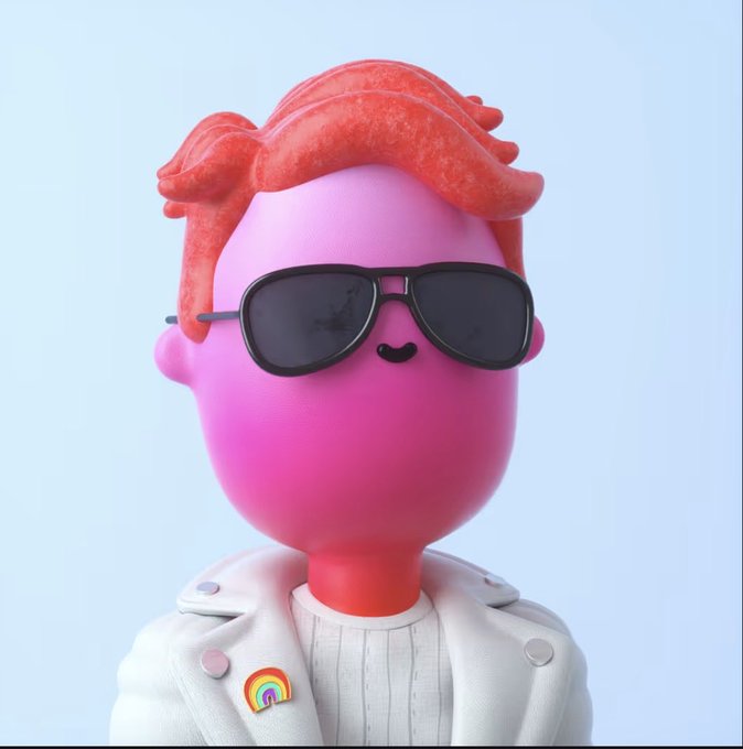 A 3D-rendered pink character with reddish-orange wavy hair, wearing black sunglasses and a white jacket with a rainbow pin.