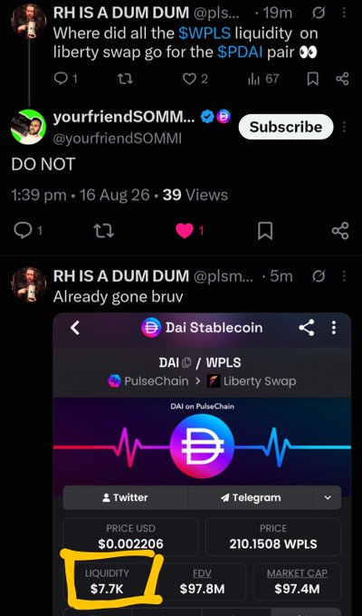The image displays a screenshot of a Twitter/X thread where user "yourfriendSOMMI" (@yourfriendSOMMI) responds "DO NOT" to another user's question about where the $WPLS liquidity on Liberty Swap went for the $PDAI pair. The final screenshot shows a PulseChain DEX page for the DAI/WPLS pair on Liberty Swap, with $7.7K liquidity, a price of $0.002206, and FDV of $97.8M, with the liquidity figure circled in yellow. This relates to the "LP thing AF, send it $pDAI" caption by highlighting the dangerously low $7.7K liquidity on the pDAI/WPLS pair, warning users against providing liquidity to an illiquid pool.