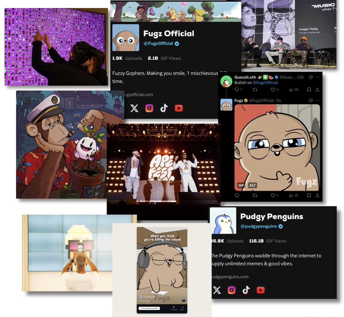 A collage showing the Guf Gophers meme brand across various social media platforms including TikTok and Twitter with handles @FugzOfficial and @pudgypenguins, featuring performance footage and character art.