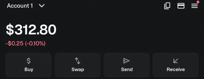 A digital wallet screenshot shows "Account 1" with a balance of **$312.80** (down $0.25 or -0.10%), featuring Buy, Swap, Send, and Receive buttons. The post's claim of "Just Got Paid $312" aligns with the visible account balance, suggesting the user received a payout matching the displayed amount.
