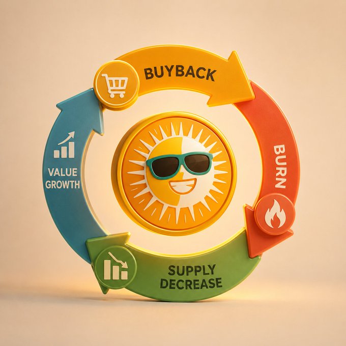 The image features a cartoon sun character wearing sunglasses and a hat, surrounded by four arrows pointing in different directions - one towards "buyback", another towards "burn", and two more towards "supply decrease". The sun character appears to be smiling, indicating that they are happy or excited about the concept of tokenomics.

The post is titled "Tokenomics is more than just numbers." It explains how tokenomics works in a fun and engaging way by using the cartoon sun character as an example. The arrows represent different aspects of tokenomics: buyback creates buying pressure, burning helps reduce the circulating supply, and supply decrease contributes to long-term value gains.
