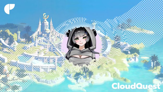 An anime-style character in a gray hooded outfit positioned in front of a fantasy island landscape with white castles, palm trees, and turquoise water, branded 'CloudQuest'.