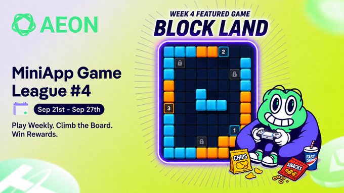 Promotional graphic for the AEON MiniApp Game League #4 featuring "Block Land" as the Week 4 featured game, running September 21st–27th, with a frog mascot holding a game controller next to a Tetris-style block puzzle and snack items labeled "CHIPS" and "SNACKS."
