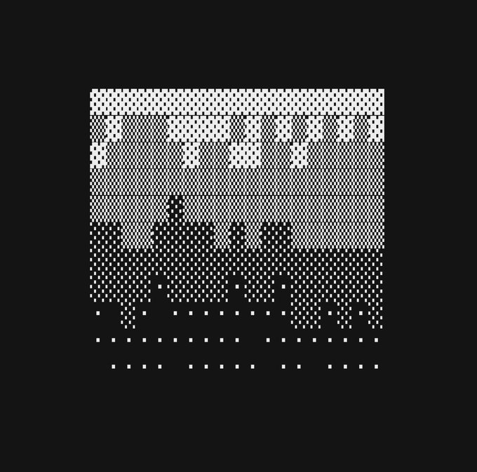 A black-and-white pixelated/dithered image shows a landscape with clouds and tree silhouettes rendered in a dotted pattern against a black background.