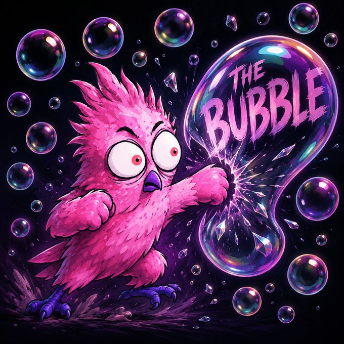 A wide-eyed pink fluffy owl dramatically bursts a large iridescent bubble displaying the text "THE BUBBLE" while surrounded by floating bubbles and shards, visually symbolizing the post's call to "BURST THE BUBBLE" and break out of the Monad community's bubble to expand beyond its current boundaries.