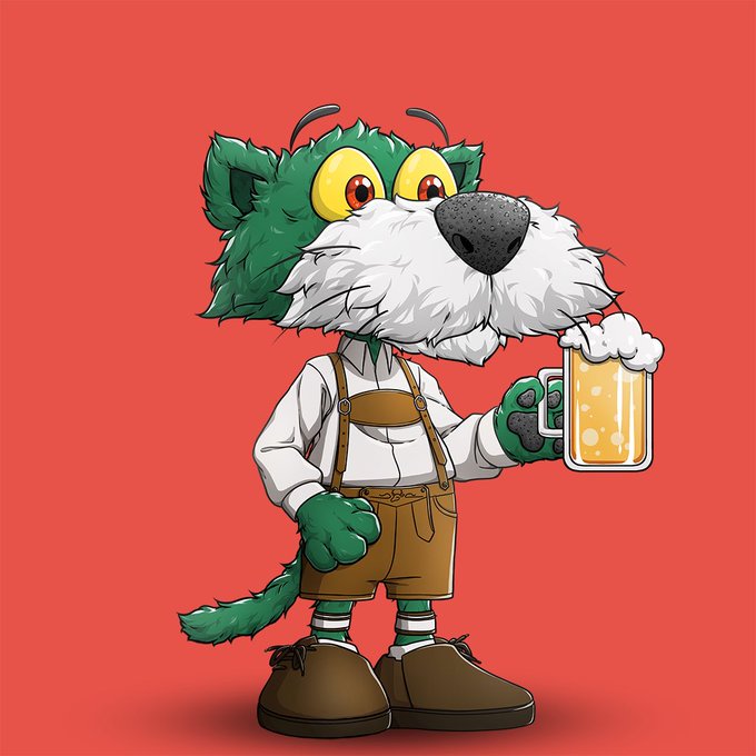 A cartoon green and white furry wolf-like character wearing traditional Bavarian lederhosen shorts with suspenders and brown shoes, holding a mug of beer against a red background.
