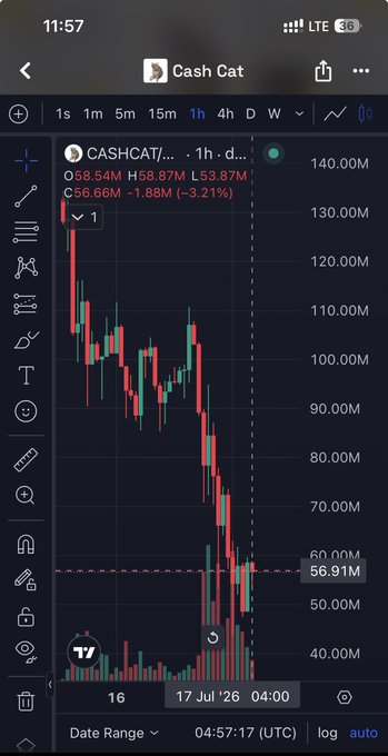 A TradingView chart of CASHCAT/USDT on a 1-hour timeframe, showing a significant price drop to around 56.91M.