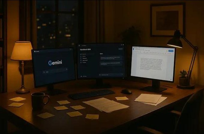 A dimly lit desk scene at night with three monitors (one displaying the 'Gemini' logo), a keyboard, scattered sticky notes, a coffee mug, and lamps.