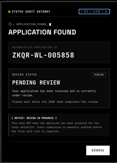 A digital audit gateway screen displays an 'APPLICATION FOUND' status with the application ID 'ZKQR-WL-005858' and a 'PENDING REVIEW' status, noting that the submission has been received and is under manual review.
