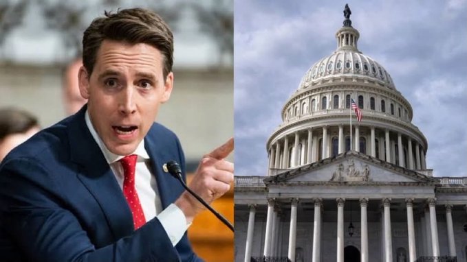A split image featuring Senator Josh Hawley pointing while speaking at a hearing on the left, and the U.S. Capitol building against a blue sky on the right.