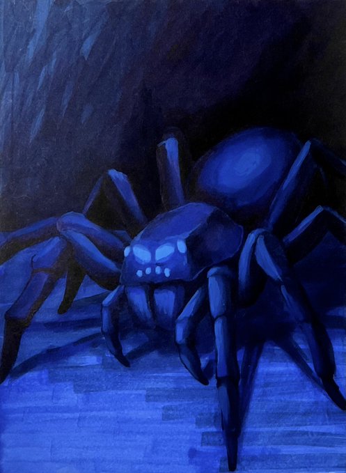 A digital artwork of a large blue spider in a dark cave setting, posted on the objkt.com NFT marketplace as part of the "Spider Editions" collection. The monochromatic blue palette and stylized rendering give the piece a moody, atmospheric quality fitting for a crypto art release.