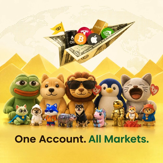 A promotional banner featuring plush characters and a paper boat filled with money and app icons (Bitcoin, Apple, LINE, WeChat, Gold), with the tagline 'One Account. All Markets.'