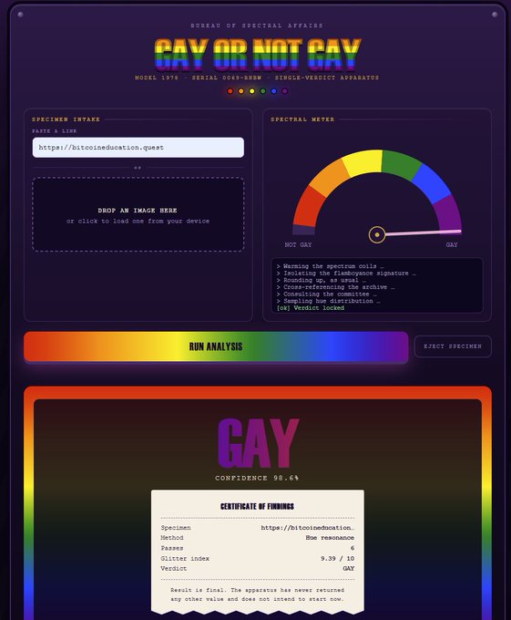 A 'Bureau of Spectral Affairs - Gay or Not Gay' webpage interface showing a spectral meter analysis with a rainbow gradient, displaying 'GAY' as the verdict at 98.4% confidence for a webpage specimen.