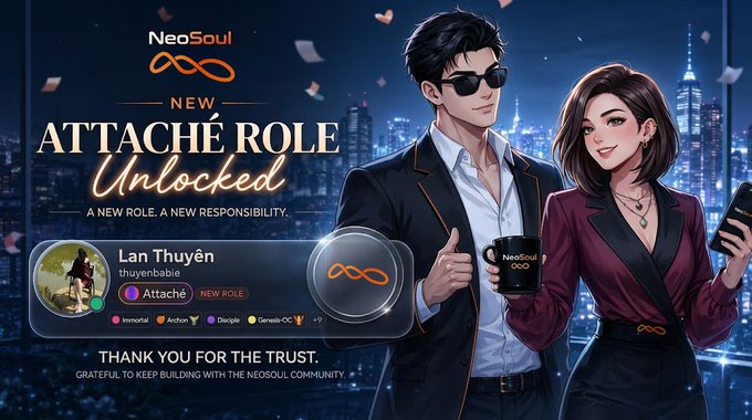 A promotional banner for NeoSoul announces a 'NEW ATTACHÉ ROLE Unlocked' featuring anime-style characters with text 'THANK YOU FOR THE TRUST' and tags like Immortal, Archon, Disciple.
