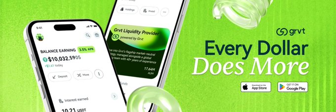 Grvt promotional banner reads “Every Dollar Does More” and shows app-store badges for Apple App Store and Google Play alongside mobile app screens.