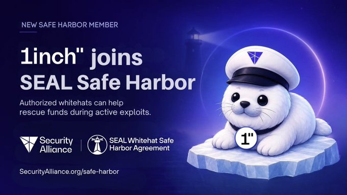 A cute white seal mascot wearing a captain's hat displays the "1inch" logo on a tag, with text announcing "1inch joins SEAL Safe Harbor" as a new member of the Security Alliance's SEAL Whitehat Safe Harbor Agreement, which allows authorized whitehats to help rescue funds during active exploits.