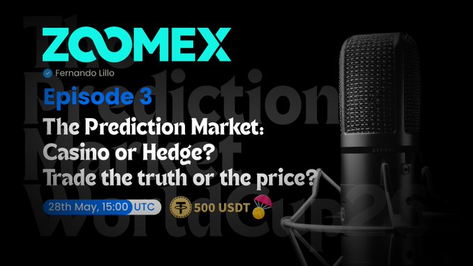 The image features a microphone with a caption that reads "Episode 3: The Prediction Market, Gambling or Hedging? Let' s find out! x.com/i/spaces/1pKdR ... $500 USDT for you to join our future releasing Prediction Product." The post is titled "Zoomex Hot Take Episode #3: The Prediction Market, Gambling or Hedging?" and it has a blue background with white text.