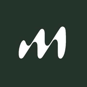 A simple logo featuring a stylized, white, wave-like 'M' shape centered on a dark green background.