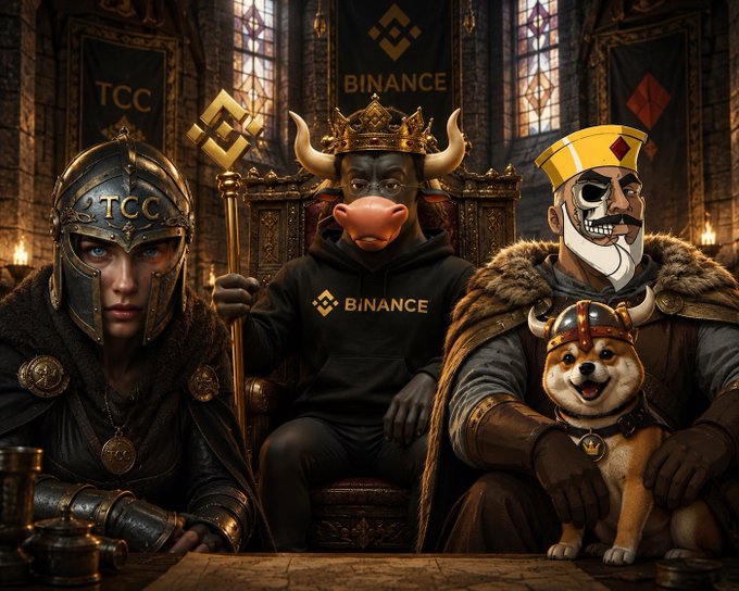 A throne room scene features a crowned bull wearing a "BINANCE" hoodie flanked by a knight labeled "TCC" and a figure in a jester-style hat holding a smiling Shiba Inu dog wearing a crown, set against banners displaying the Binance and BNB logos. The imagery playfully personifies a crypto alliance rallying around BNB as the post declares "It's time to onboard the masses to #BNB and make it great again. BULLS ASSEMBLED."