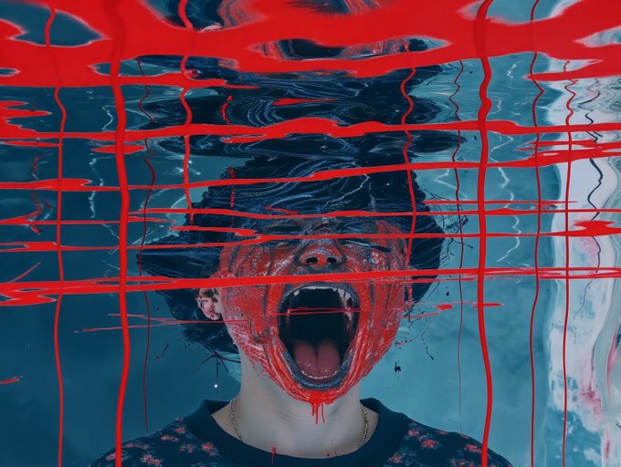 A surreal, horror-style digital artwork showing a person screaming underwater with red paint dripping across the scene.