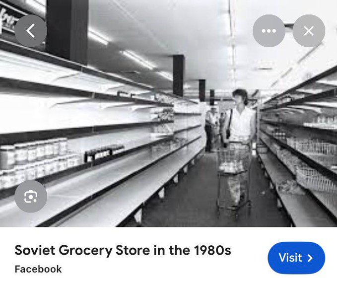 This image shows a "Soviet Grocery Store in the 1980s" with sparse shelves, alluding to shortages. The post "Coming soon to NYC!!" suggests an upcoming event or pop-up inspired by this retro aesthetic.