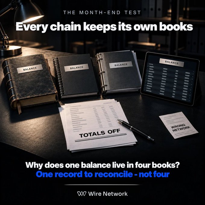 A Wire Network graphic titled “THE MONTH-END TEST” states “Every chain keeps its own books,” showing separate “BALANCE” books, a tablet, and papers marked “TOTALS OFF” and “WRONG NETWORK.”