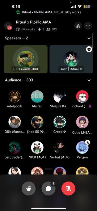 A screenshot of a Discord voice call 'Ritual x PloPlo AMA' on mobile, showing 303 audience members including intelpocik, Mairali, Shigure, and others, with speakers ET-Friends-000 and Josh | Ritual.