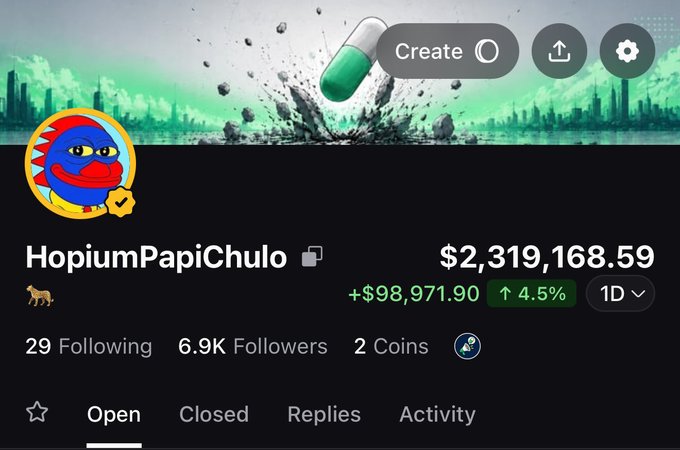 A social media or trading profile for 'HopiumPapiChulo' showing a value of $2,319,168.59 with a 4.5% increase, set against a green capsule-themed banner.