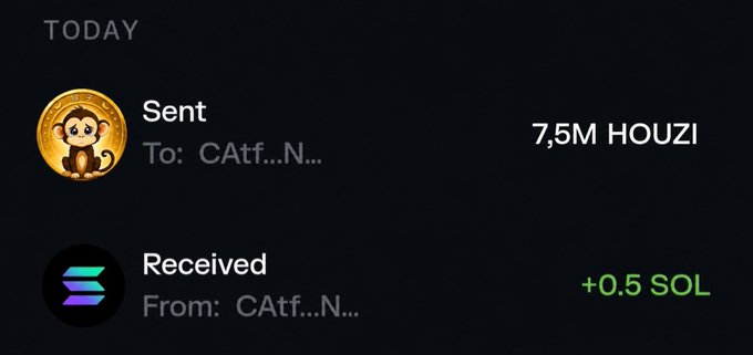 The image shows a crypto wallet transaction history displaying a "Sent" transaction of 7.5M HOUZI tokens and a "Received" transaction of +0.5 SOL, likely from a participant claiming their $HOUZI token allocation from the presale. The transactions are between addresses starting with "CAtf...N..." and illustrate the delivery of the 200,000 HOUZI token claim mentioned in the promotional post.