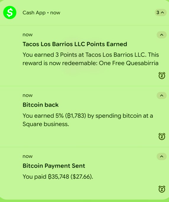 The image shows a Cash App notification feed displaying three recent activities: earning 3 loyalty points at Tacos Los Barrios LLC (redeemable for a free quesabirria), receiving a 5% Bitcoin cashback reward of ₿1,783 for spending at a Square business, and sending a Bitcoin payment of ₿35,748 ($27.66). The transactions demonstrate Bitcoin functioning as everyday currency—used for both small purchases like tacos and earning spending rewards—reinforcing the post's message that "Bitcoin is money."