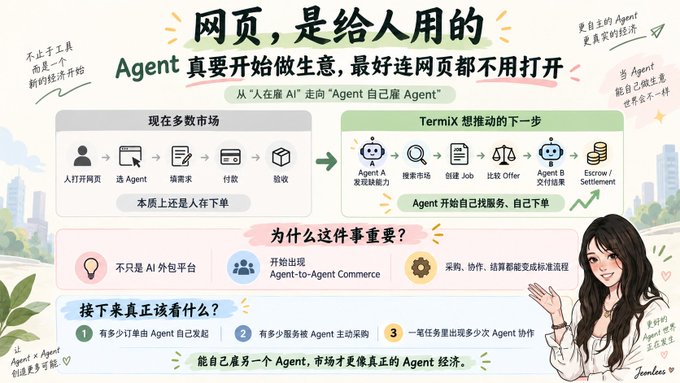 An infographic in Chinese titled '网页，是给人用的' discussing how 'Agent 真要开始做生意,最好连网页都不用打开', comparing traditional e-commerce workflows with TermiX's vision for an 'Agent 自雇雇 Agent' marketplace.