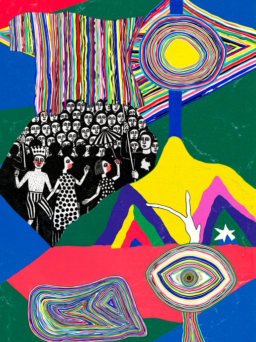 A vibrant, colorful abstract artwork featuring a crowd of stylized faces, figures, a sun, a striped mountain, and concentric circles in bold colors like yellow, green, pink, and blue.
