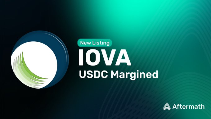 A promotional graphic announcing 'New Listing: IOVA USDC Margined' on the Aftermath platform, featuring a circular logo with a green feather/wing design.