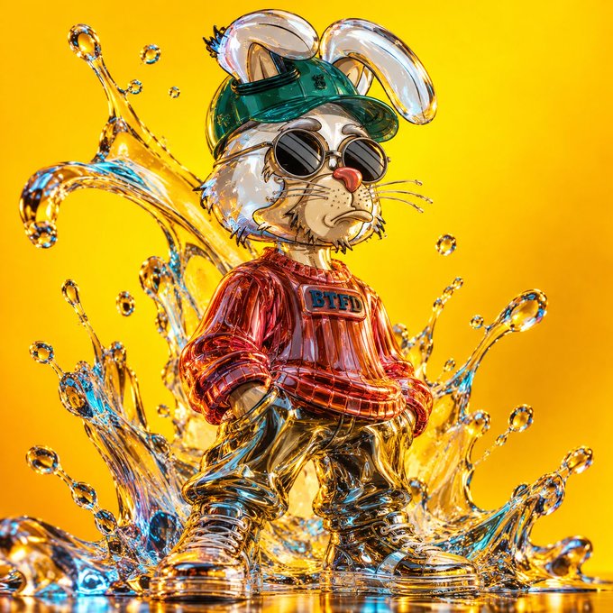 A 3D rendered, glass-like figure of a rabbit wearing a green cap, sunglasses, and a red shirt with 'BTFI' on it, surrounded by water splashes against a yellow background.