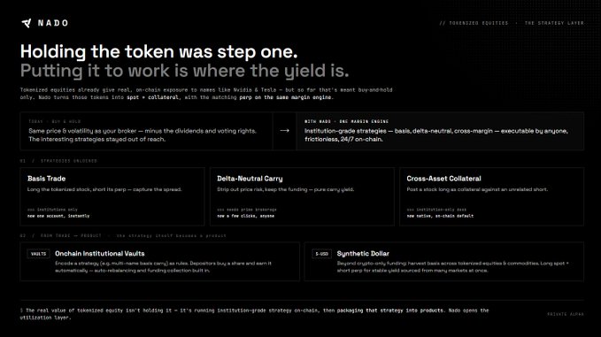 A dark-themed website for 'NADO' proclaims 'Holding the token was step one. Putting it to work is where the yield is,' outlining tokenized equities, on-chain institutional vaults, and a synthetic dollar.