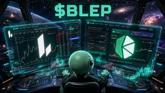 An alien figure sits at a futuristic control panel manipulating charts and trading interfaces, with the text "$BLEP" prominently displayed above, symbolizing the speculative coding and analysis of the BLEP token inspired by studying Animoca and Sandbox.