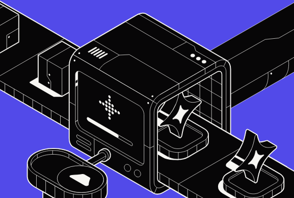A stylized black machine with a "click" cursor on a conveyor belt, processing star-shaped items into containers, visually representing Caldera's promise of bringing infrastructure, economy, and community onchain in just one click.